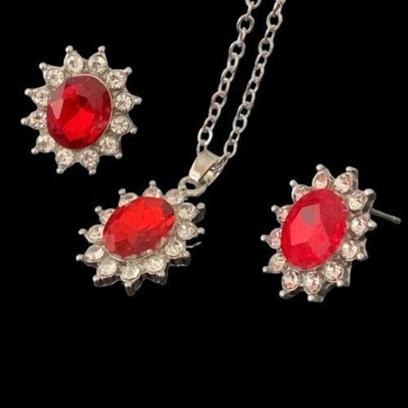 Ruby Halo Necklace & Stud Set in Silver Tone - Picture 1 of 11